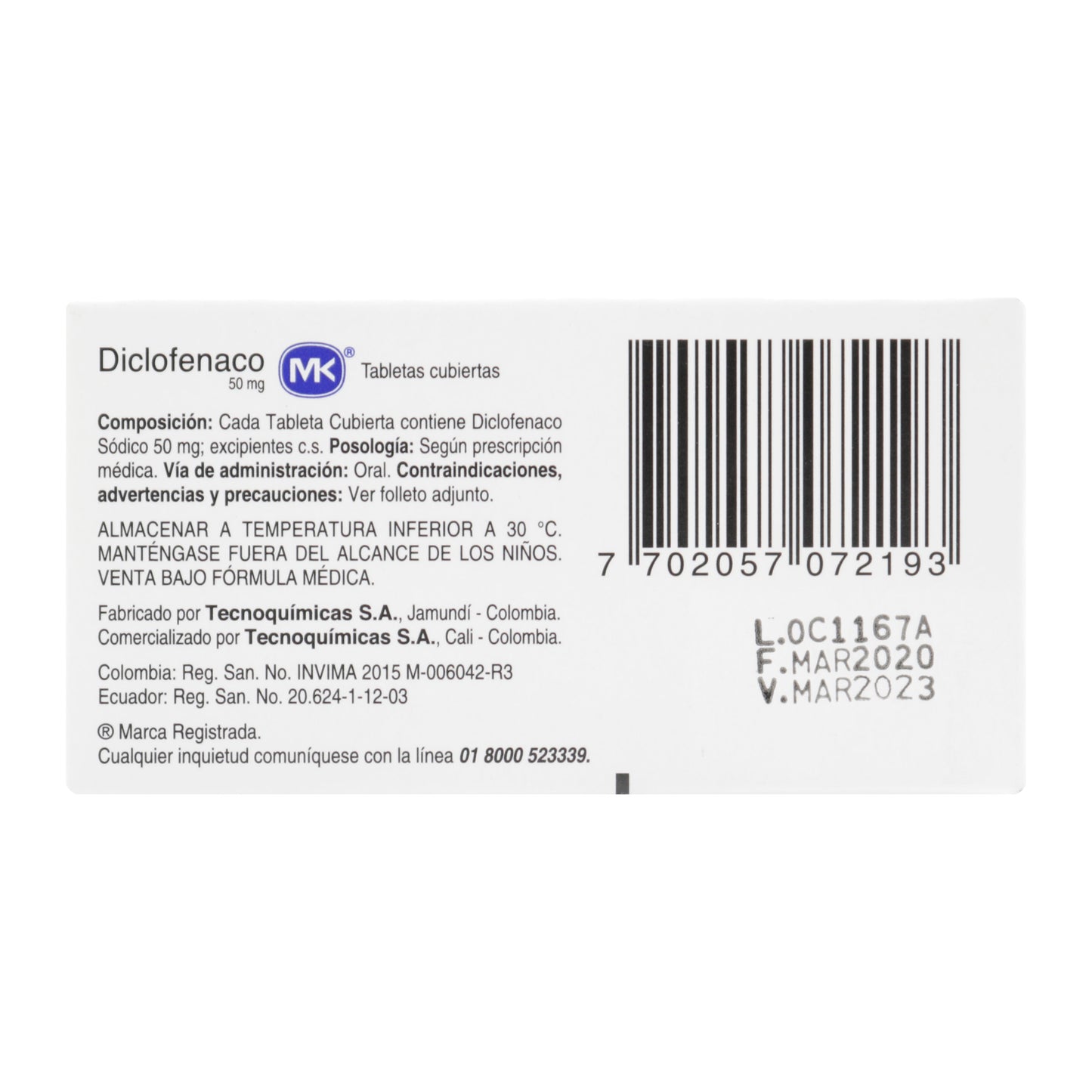 Diclofenaco 50 mg x 20 tabletas (MK)