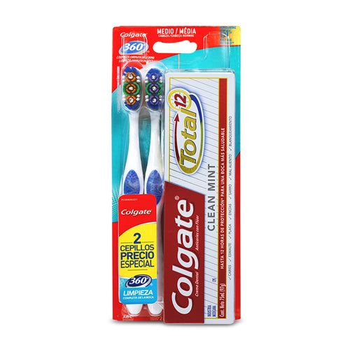 Cepillo de dientes Colgate 360° x2 + crema dental total 12